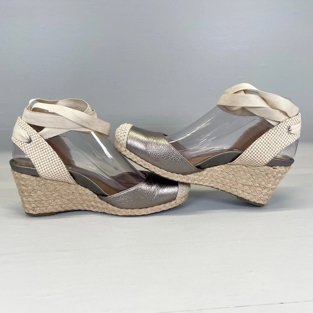 Vionic Maris Espadrille Wedge Sandals Womens Size 6.5 Wide Gray Leather Shoes
